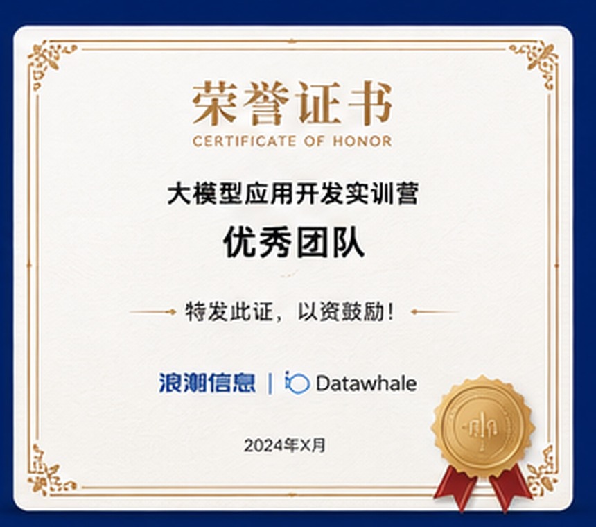 大模型应用开发实训营结营证书示意图