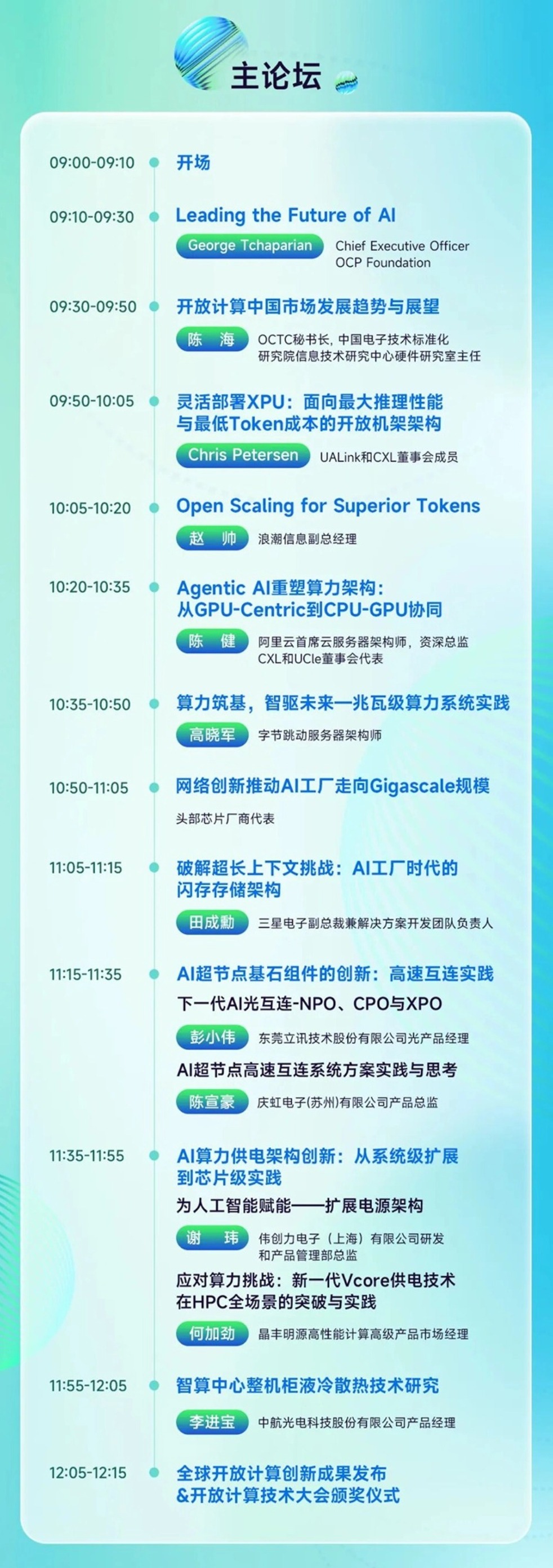 2026开放计算技术大会全议程展板,主论坛聚焦AI算力前沿,分论坛覆盖数据中心基建、算力供电、液冷、开放系统、GW级智算、固件硬件六大技术方向.jpg